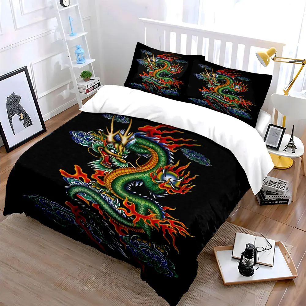 Fiery Cloud-Surrounded Azure Dragon Print Bedding Set 1 Duvet Cover 2 Pillowcases for Adult and Children Luxury Gift Full Size