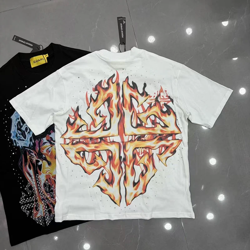New Style Summer GUAPI T-shirt American Street Retro Cross Flame Printed Rhinestone Short-sleeved Men Women Loose T Shirts
