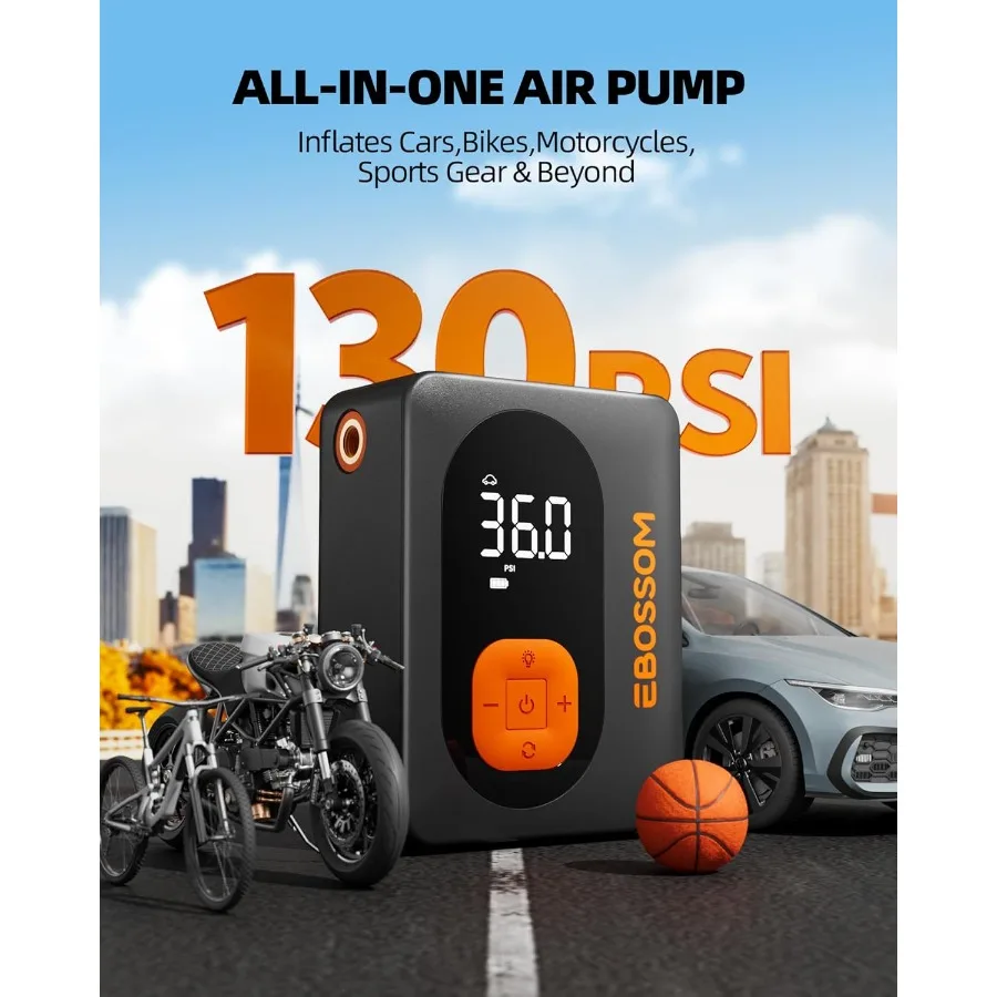 เครื่องอัดอากาศไร้สายแบบพกพาพร้อมจอแสดงผลค่าคู่แบบดิจิตอลและไฟ LED สำหรับเติมลมยางรถยนต์ จักรยาน และรถจักรยานยนต์