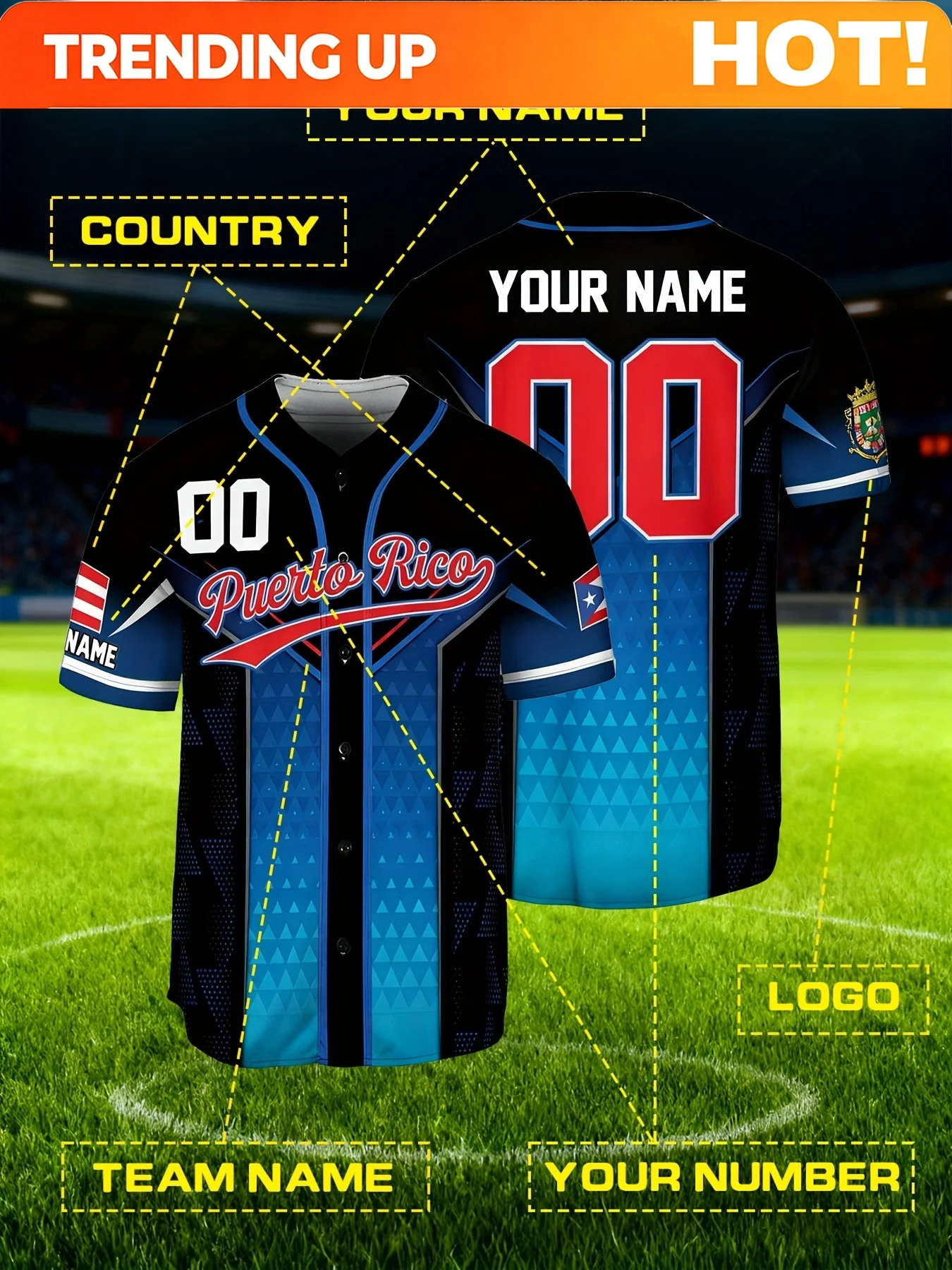 Personalized DIY Puerto Rico Baseball Jersey with National Flag Elements, Customizable Name, Number, Team Name, Logo