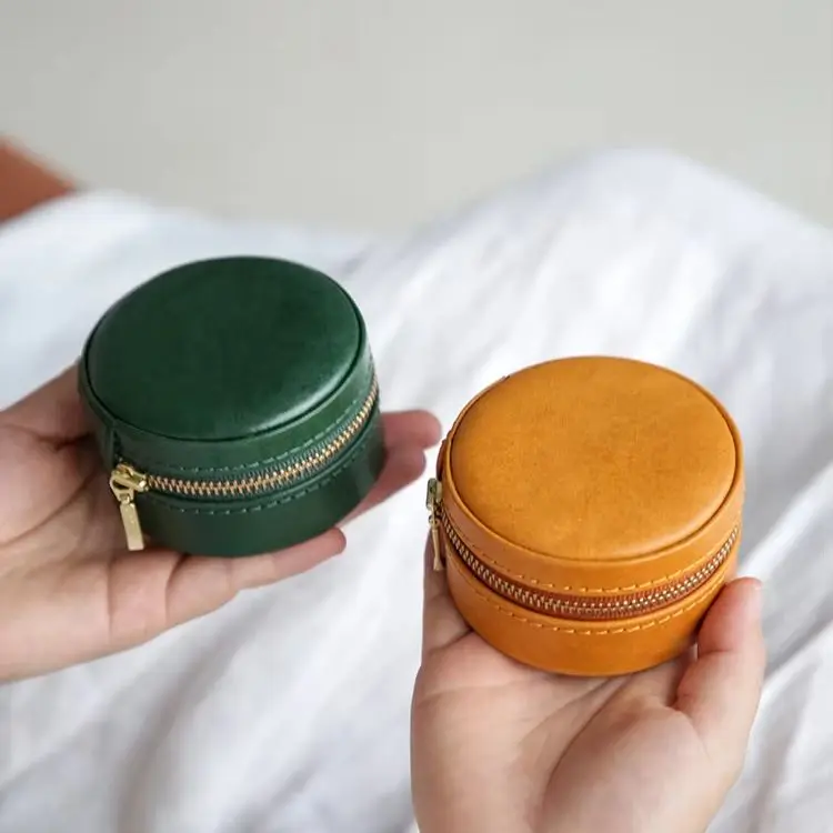 

simple genuine leather women's small round jewelry box fashion luxury handmade real cow leather earrings ring storage bag