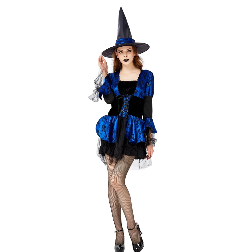 Costume de Sorcière Sexy pour Femme Adulte, Vêtements de Performance de Carnaval, Halloween, Bleu