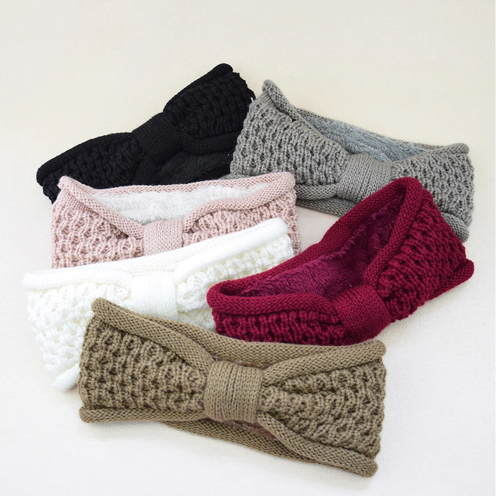 1PC Winter Warm Plush Hair Band Crochet Wool Knitting Bow Turban Headwrap Hair Accessories Center Knotted High-elastic Headwear