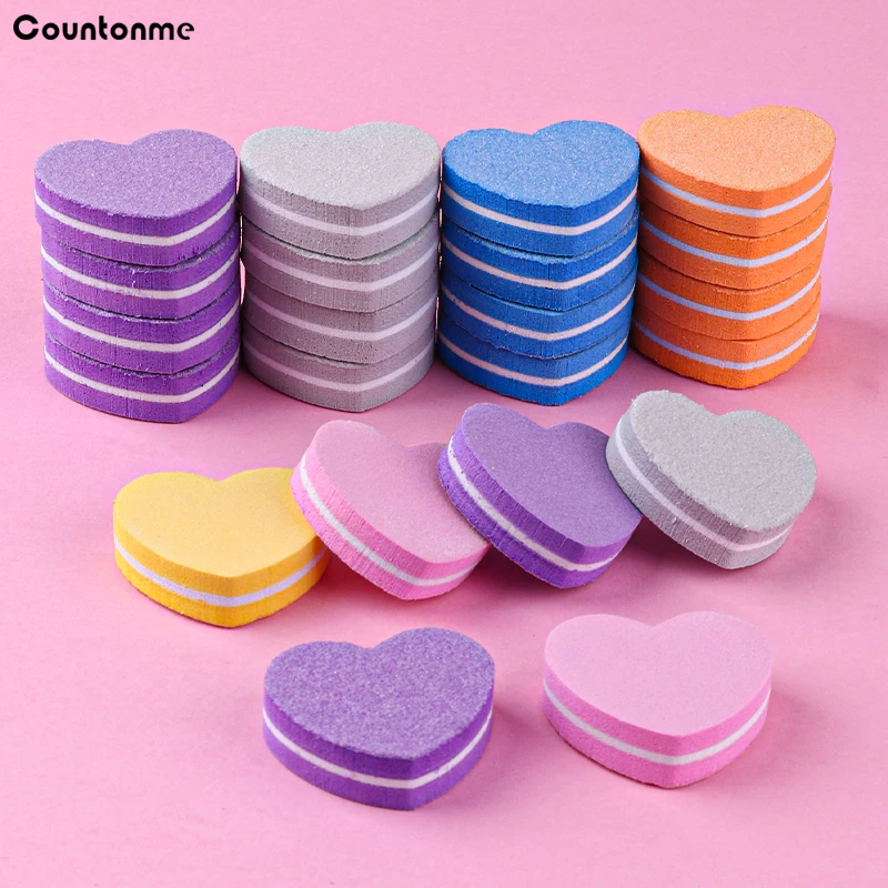 50/100Pcs Heart Shape Mini Nail Files Buffer Blocks 100/180 Disposable Nail Polishing Sanding Blocks for Manicure Pedicure Tools