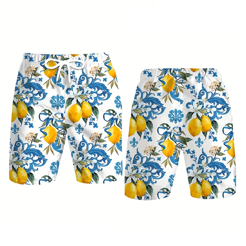Summer Cool Breathable Beach Shorts Fruit Lemon Graphic Fashion Loose Casual Drawstring Pants Men's Quick Dry Swimming Shorts