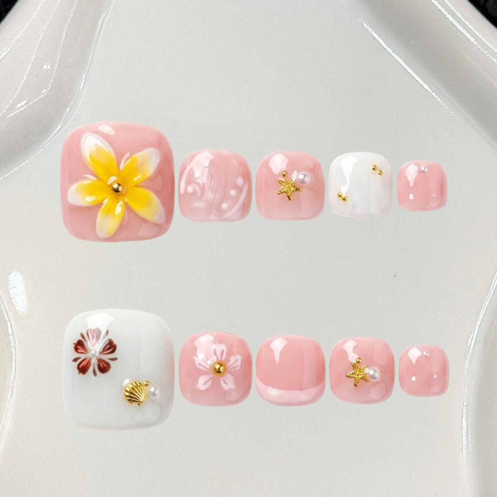 10pcs Hand-painted Flower Press On Nails For Foot Korean Style Little Fresh Summer Handmade False Toenail Women DIY Manicure Art