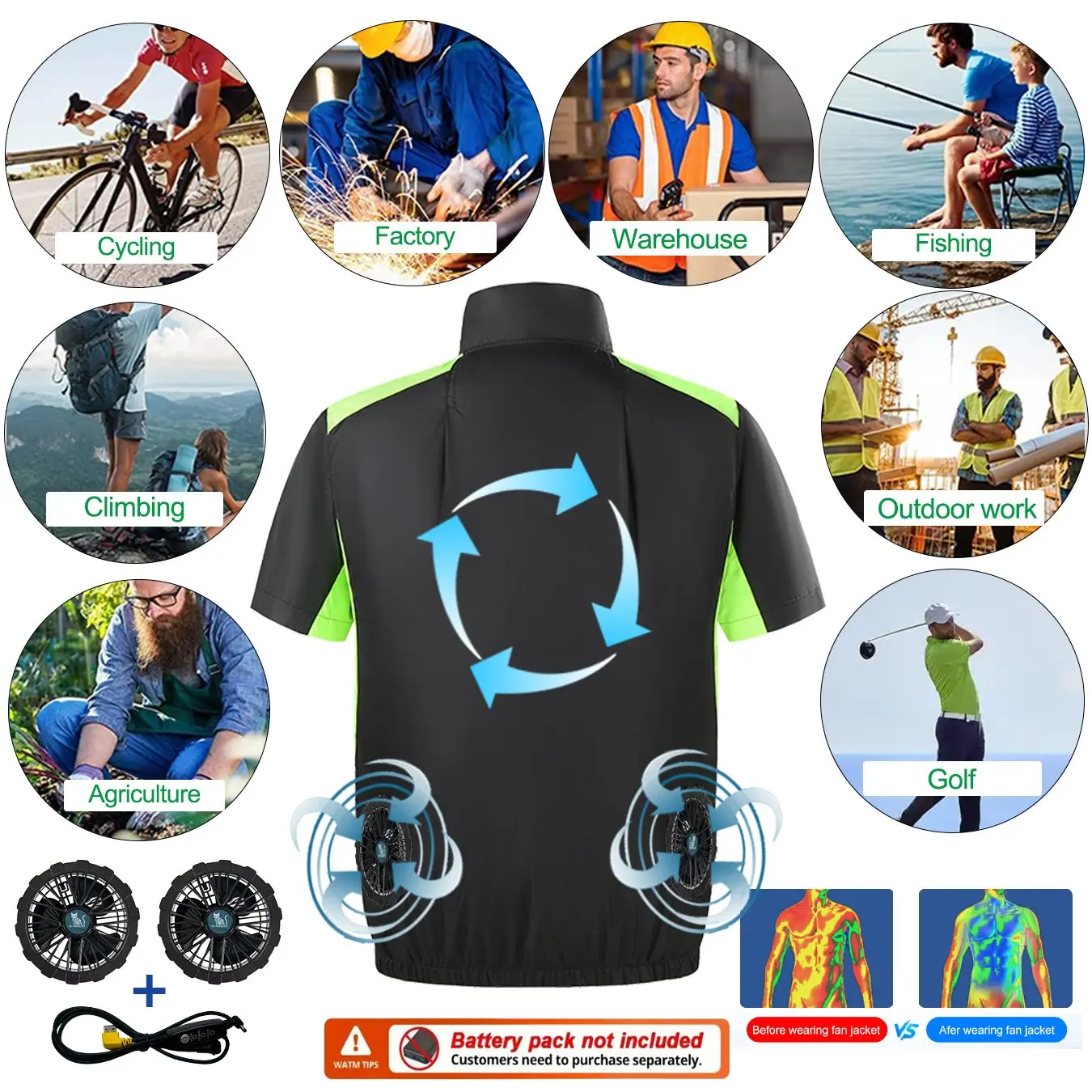 G-MACHT Men's USB Cooling Fan Short Sleeve Vest,Air Conditioned Heat-Resistant Welding Labor Workwear(Power Supply Not Included)