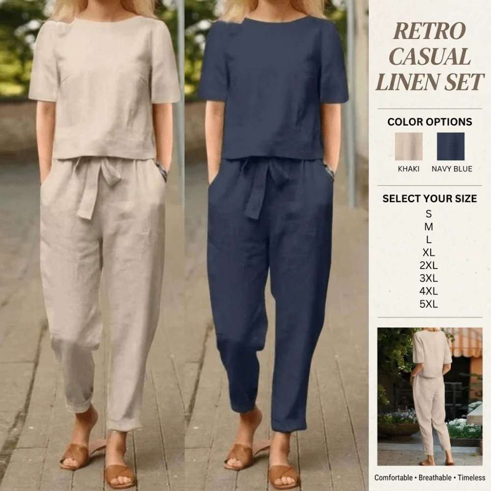 Half-sleeved Women's Cotton Linen Suit Round Neck Wide-leg Summer Matching Suit Elastic Waist Comfortable Two-piece Set