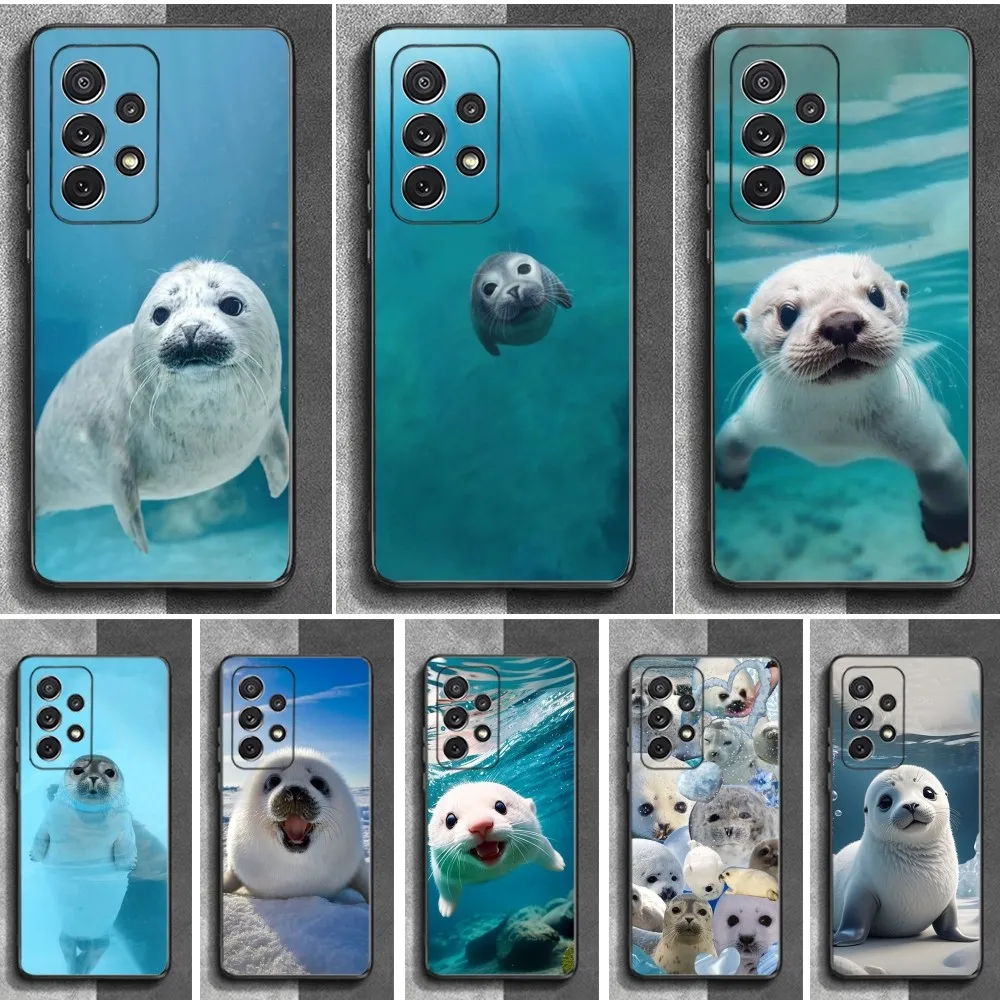 Cute Animal Seal Phone Case For Samsung S24,23,22,30,21,10,9,Ultra,Plus,Lite,FE,Soft Silicone Black Cover