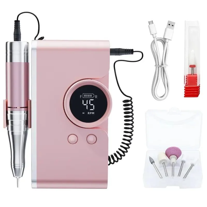2 in 1 Portable Nail Drill Machine 45000RPM LED Digital Display Electric Nail Grinder with 6 Bits for Salon Home Use