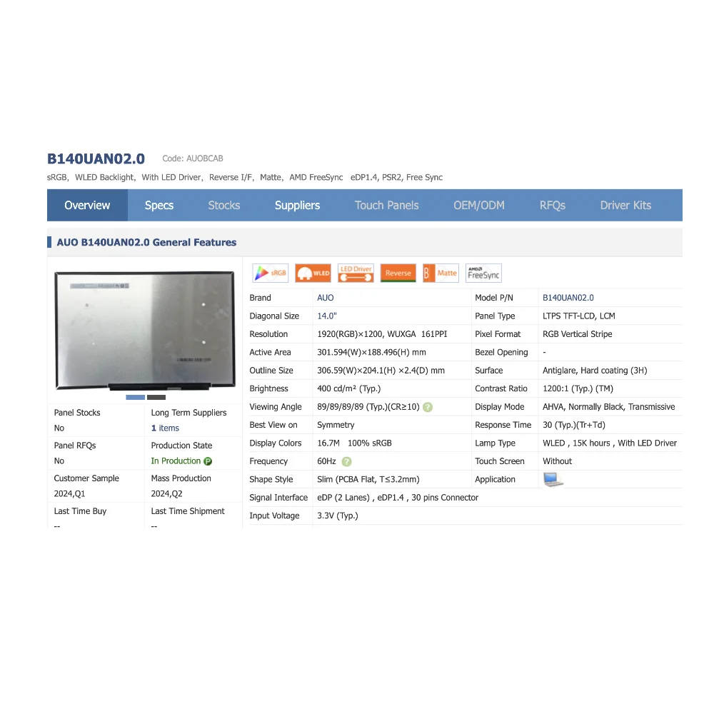 

B140UAN02.0 14,0 60 Гц Матрица панели ноутбука ЖК-экран со светодиодной подсветкой 1920X1200 IPS 400 кд/м2
