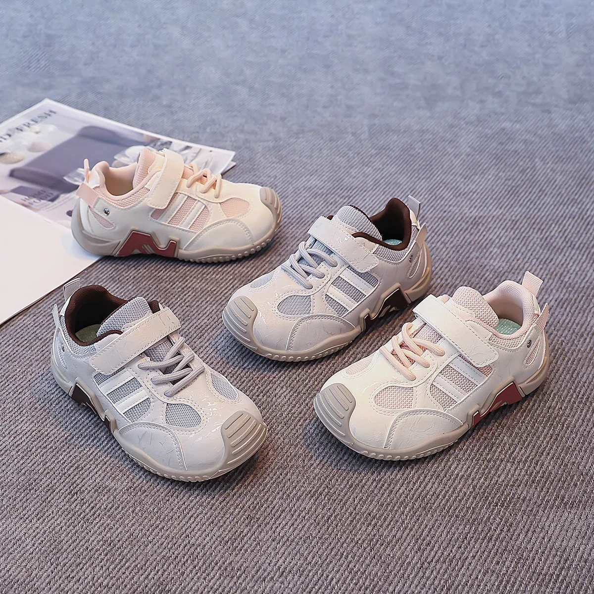 Kids Mesh Breathable Sneakers Hook And Loop Anti‑collision Toe Non‑slip Wear‑resistant Shoes For Daily Sports Outdoor Play