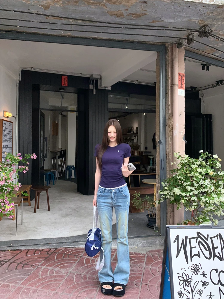 

Женские джинсы-клеш с высокой талией, светло-голубые, рваные, летние, тонкие, длинные брюки, весна-лето