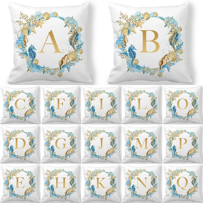 Ocean Golden Letter Alphabet Decorative Cushion Cover Polyester Throw Pillowcase 45*45CM Sofa Home Decorative PillowCover 41023