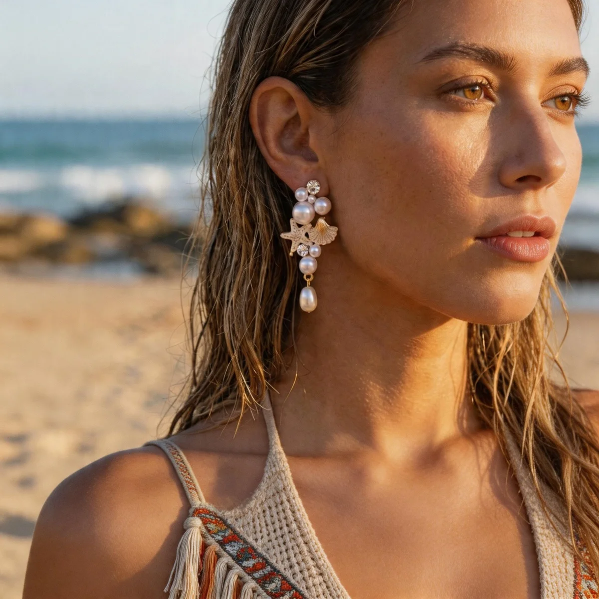Sommerliche Imitationsperlen-Seestern-Muschel-Quasten-Ohrringe, Boho Ozean Strand Muschel Stern Hängeohrringe, Trendiger Urlaubsschmuck – Detail 6
