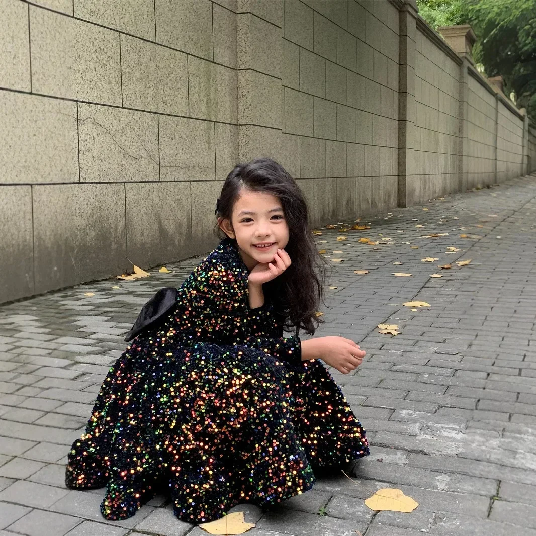 

Dress Spring Summer and Autumn Solid Color Velvet Sequin New Birthday Butterfly-knot Princess Dress Kids Clothes Girls