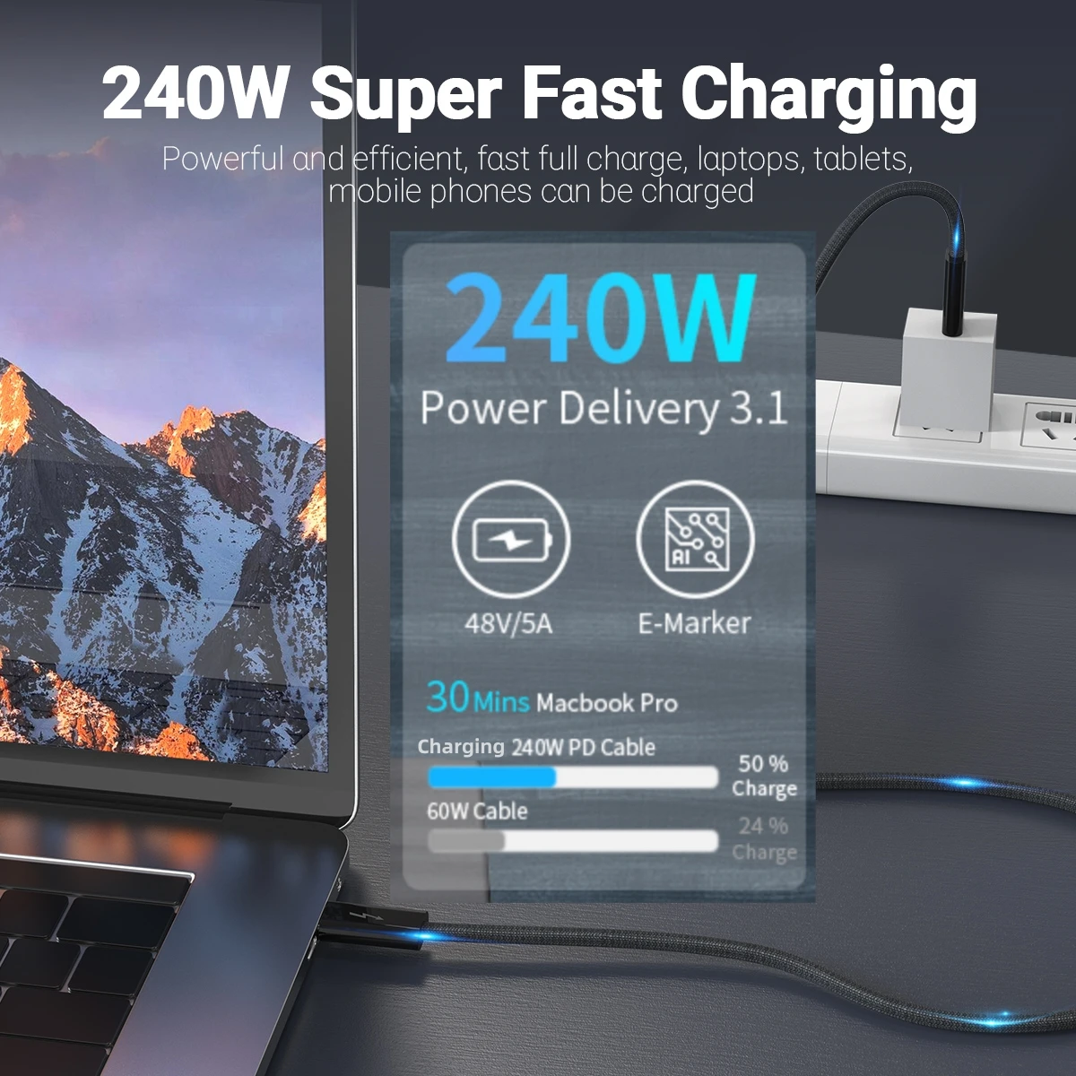 1.8 M/70.86In USB 4 Data Cable With 240W Charging+ 8K Audio and Video Transmission+ Data Transmission For Laptop Mobile Phone