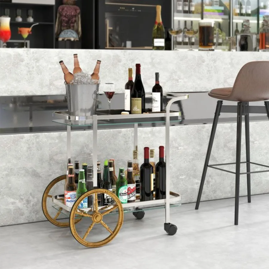 Chariot de barre en verre trempé à 2 niveaux avec 2 grandes roues en aluminium et 2 roulettes