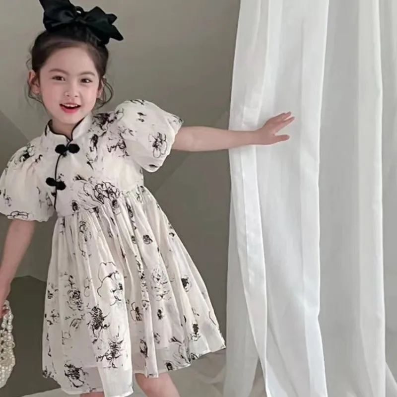 

Girls' Dress Summer New Fashionable Children's New Chinese Style Dress Cheongsam Dress Girls' Short sleeved Princess Dress