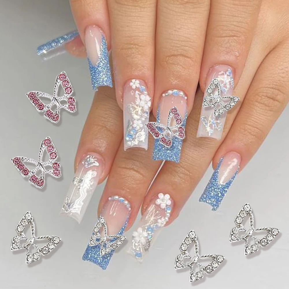 10 Stück Schmetterling Nail Art Charms 3D-Legierung Luxus rosa Diamant Edelstein Schmetterling Nagel Strass Kawaii DIY Nagel Zubehör