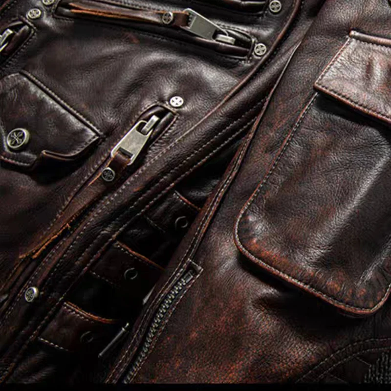 Top Layer Cowhide Leather Jacket Retro Brown Calfskin Motorcycle Suit Men\'s Slim Heavy Industry Leather Motorcycle Riding Jacket