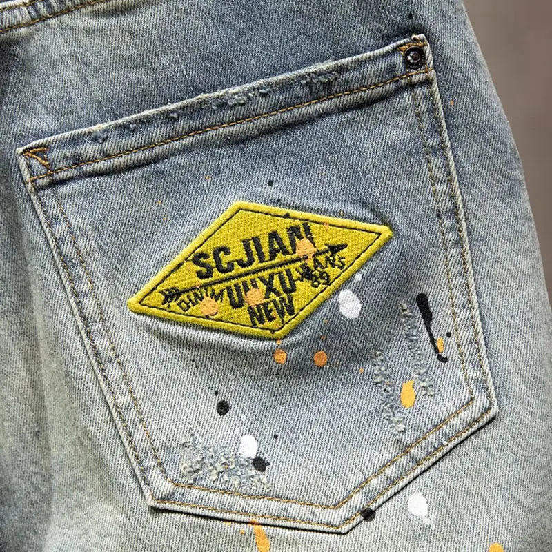 Été concepteur de mode hommes jean rétro lavé bleu extensible peint déchiré jean court hommes Vintage décontracté Denim Shorts Hombre