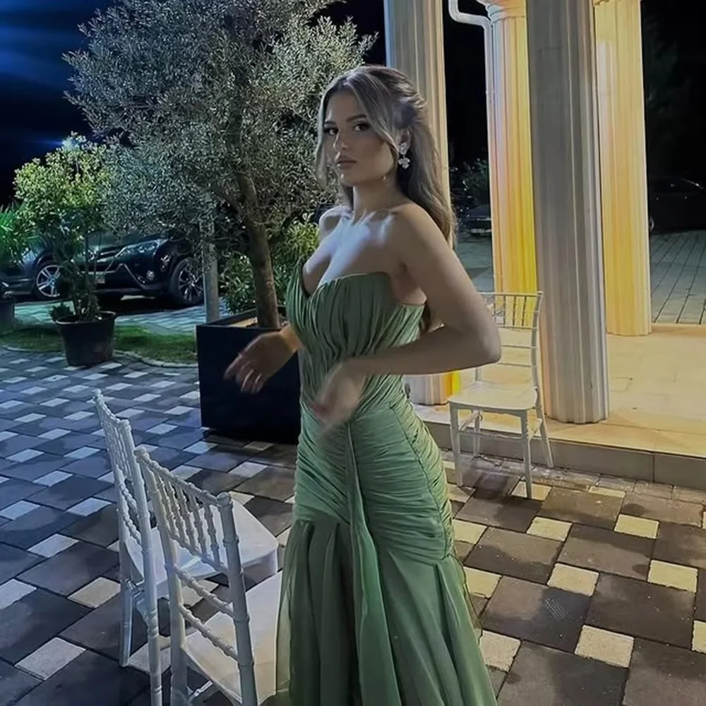 Women Sweetheart Neck Chiffon Evening Dresses Strapless Ruched High Waist A Line Floor Length Party Dresses