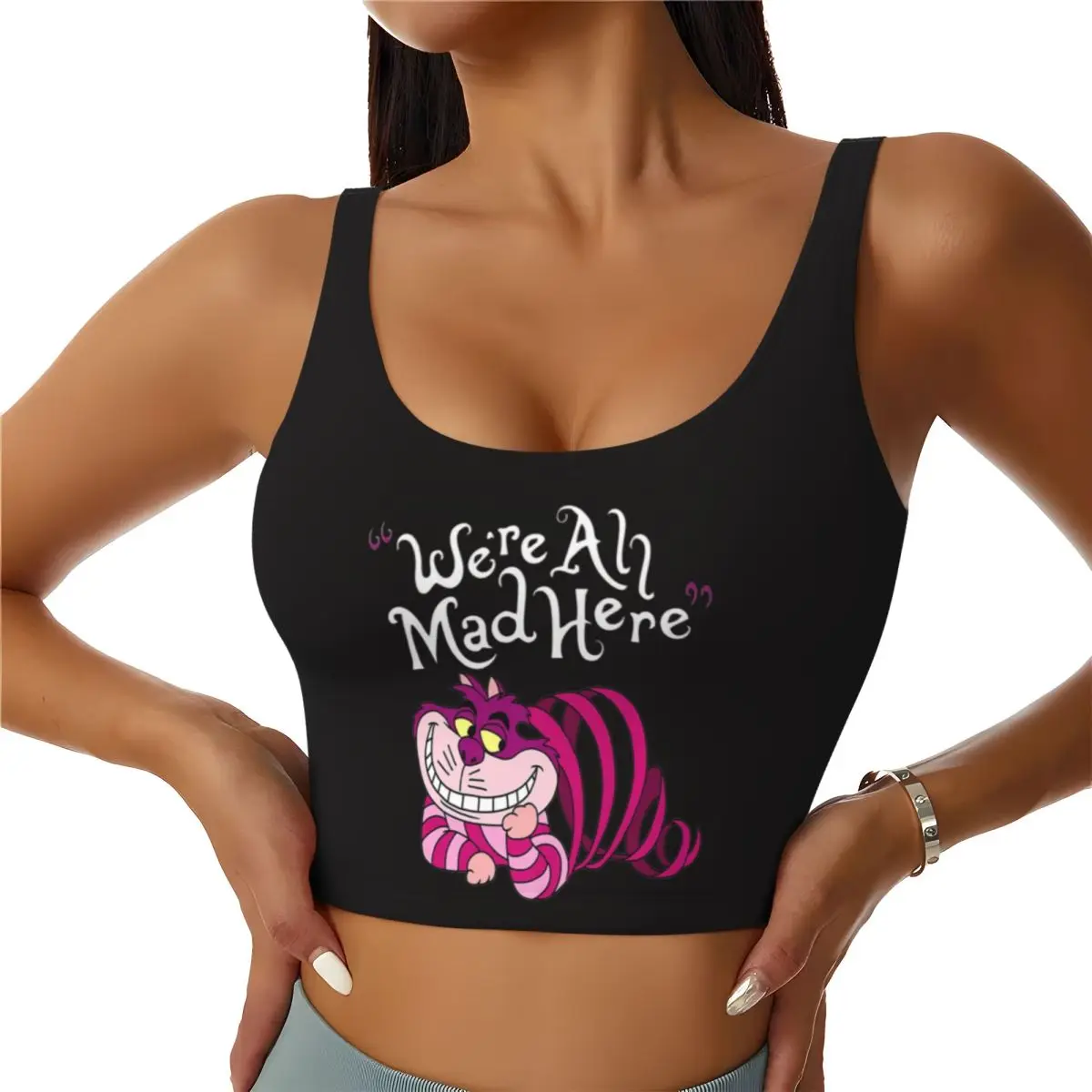 

Custom Cheshire Cat Workout Crop Tank Tops Women We're All Mad Here Cat Yoga Sports Bras