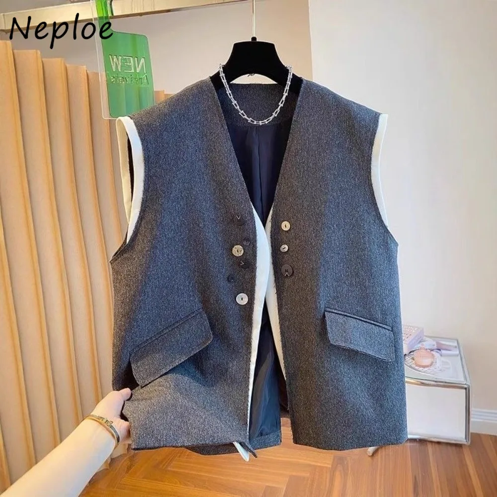 

Neploe Early Autumn Panelled Patchwork V Neck Coat Western Blazer Loose Designed Jacket Fake Two Pieces Trendy Personalized Tops