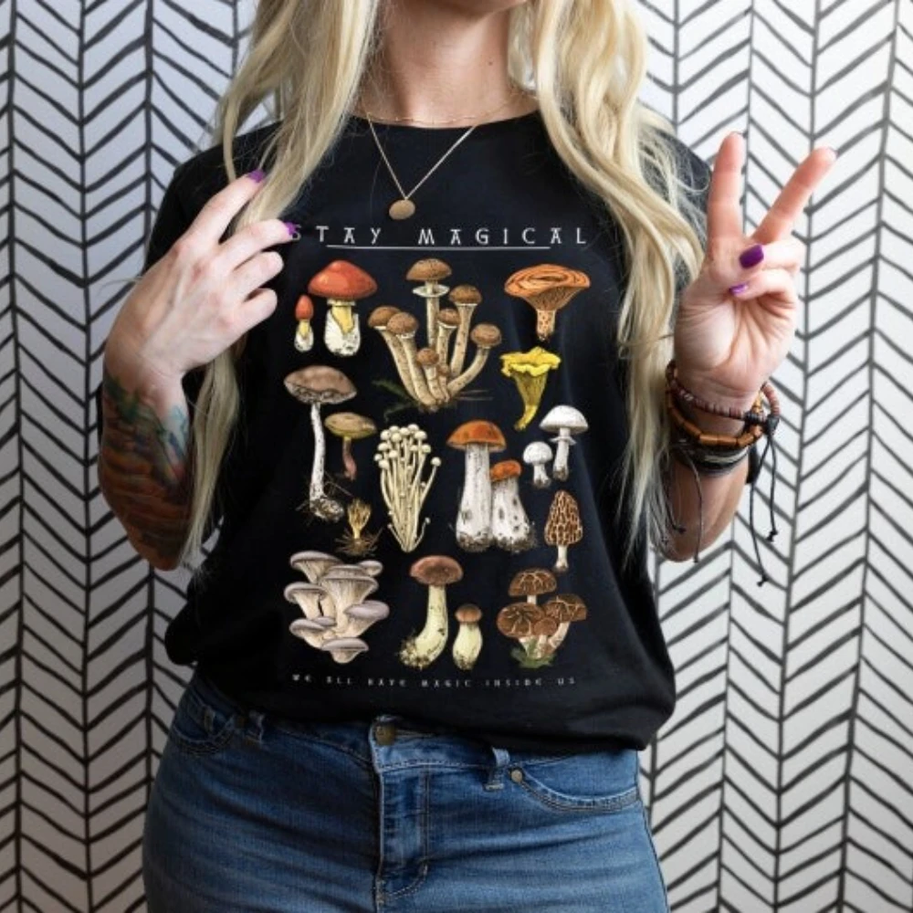 

Vintage Illustration Mushroom Printed Shirt Nature Lover Gift Tshirt Women Summer Casual Daily Life Crewneck Cotton Short Sleeve