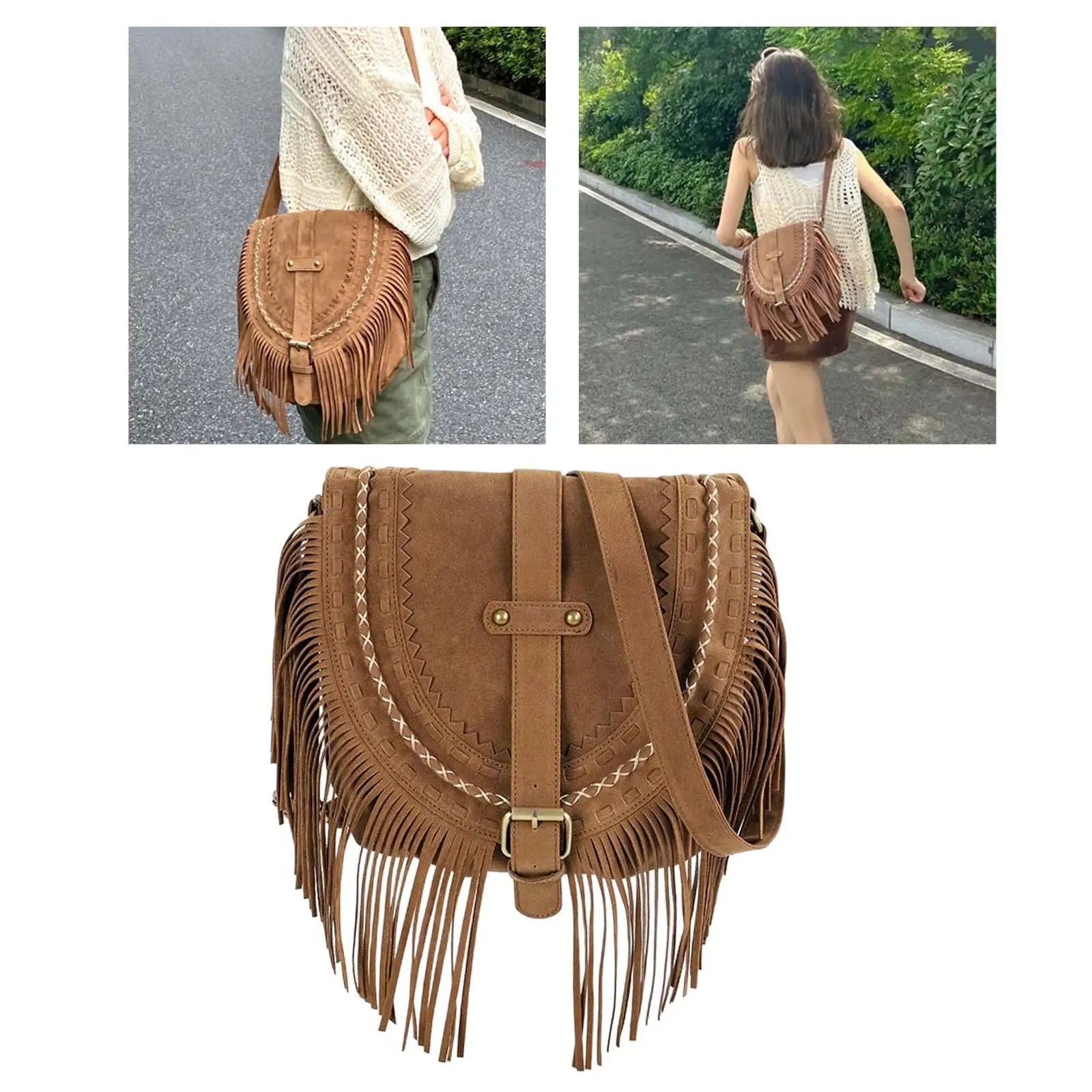 Fashion Retro Handmade Faux Suede Tassel Womens Shoulder Crossbody Messenger Bag Tassel Boho Handbag for Women Summer