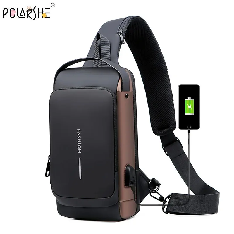 Polarshe Anti-theft Shoulder Bag With USB Charging Waterproof Nylon Men Chest Bag Travel Motorcycle Crossbody Bag Sling Pack