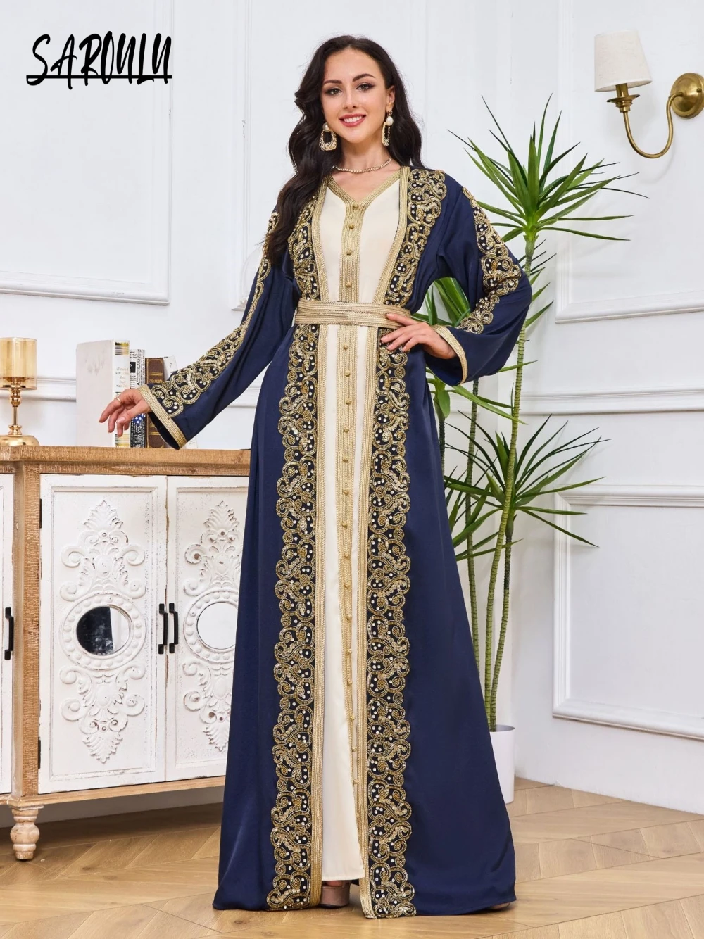 Luxurious Kaftan 2-pieces Blue Evening Dress Muslim Dubai Elegant Formal Banquet Prom Gown Customized Women Caftan Beaded Dress