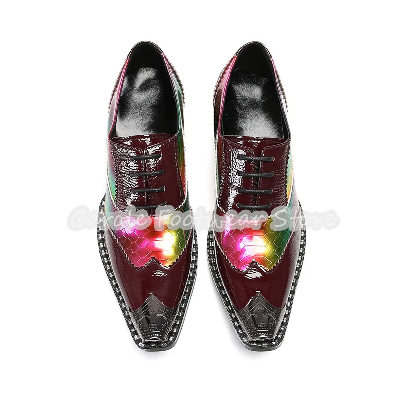 

British Style Mixed Color Leather Loafers for Men Metal Pointed Toe Lace-Up Rivet Oxfords Male Business Formals Dress Shoes