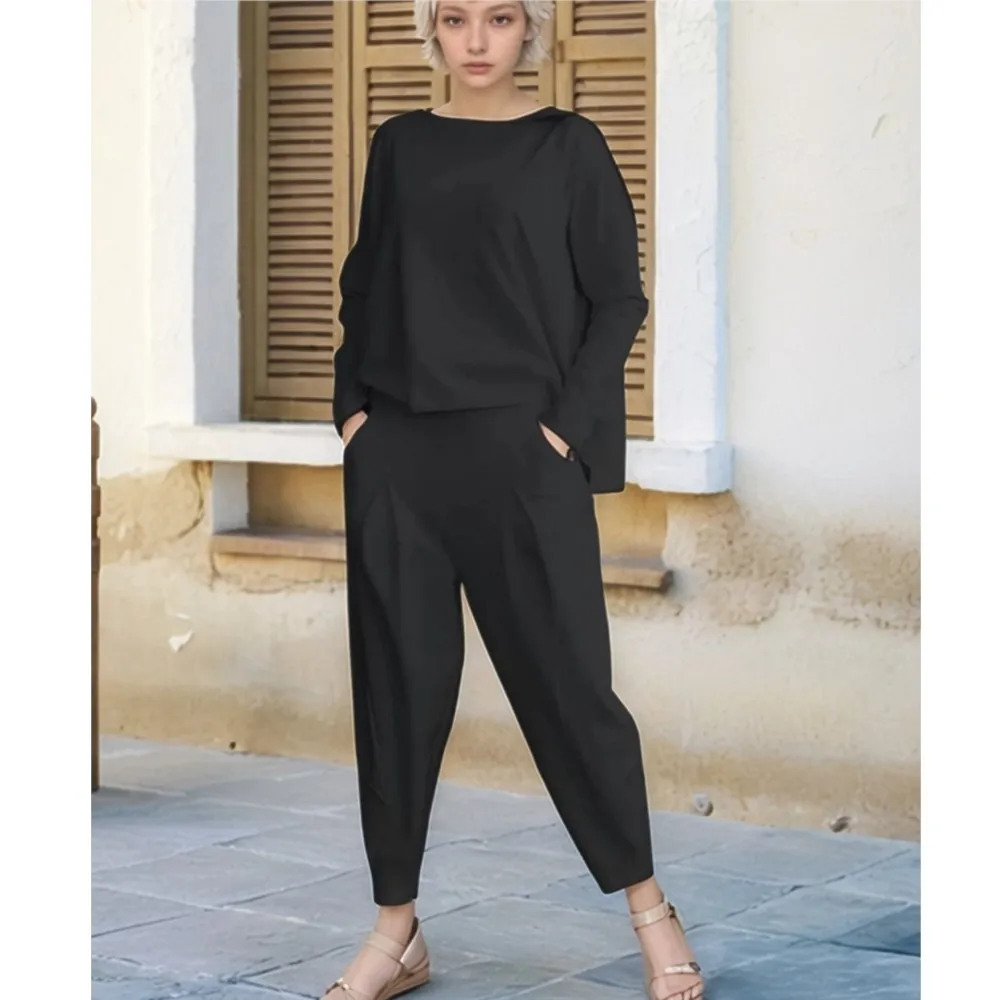 Autumn Winter New Fashion Solid Color T-shirt Women 2 Piece Set Casual Loose Pocket Harlan Pants Female Suit Ladies Street Wear