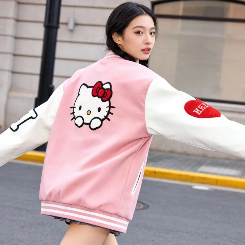 

Anime Sanrio Hello Kitty Streetwear Towel Embroidery Letter Baseball Jacket for Men and Women Autumn Winter Vintage Loose Trendy