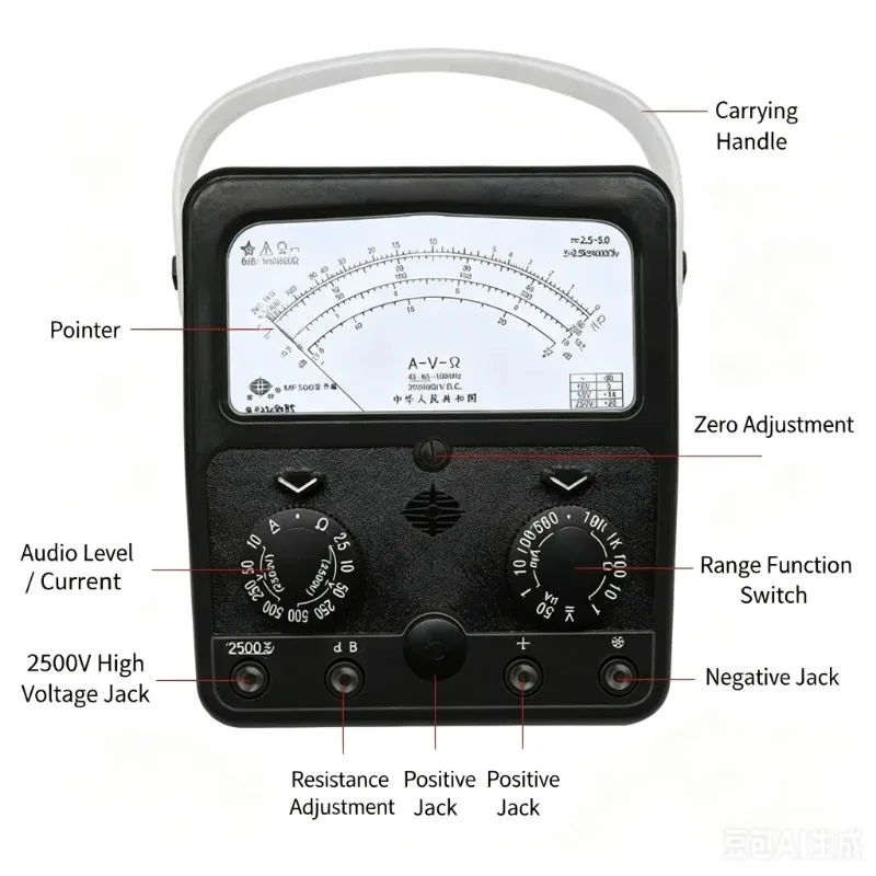 MF500 Analog Pointer Multimeter High Precision Mechanical Tester Inner & Outer Magnet Design Supports 2500V Measurement