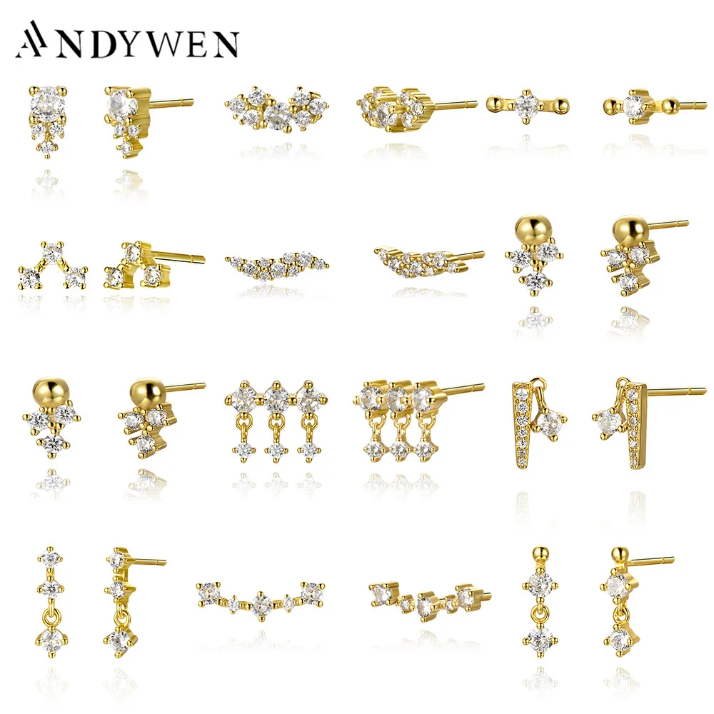 

ANDYWEN 925 Sterling Silver Tiny Clear Stud Earring Women Clasp Clips Pendiente Wedding Small Classic Shiny Fine Jewels