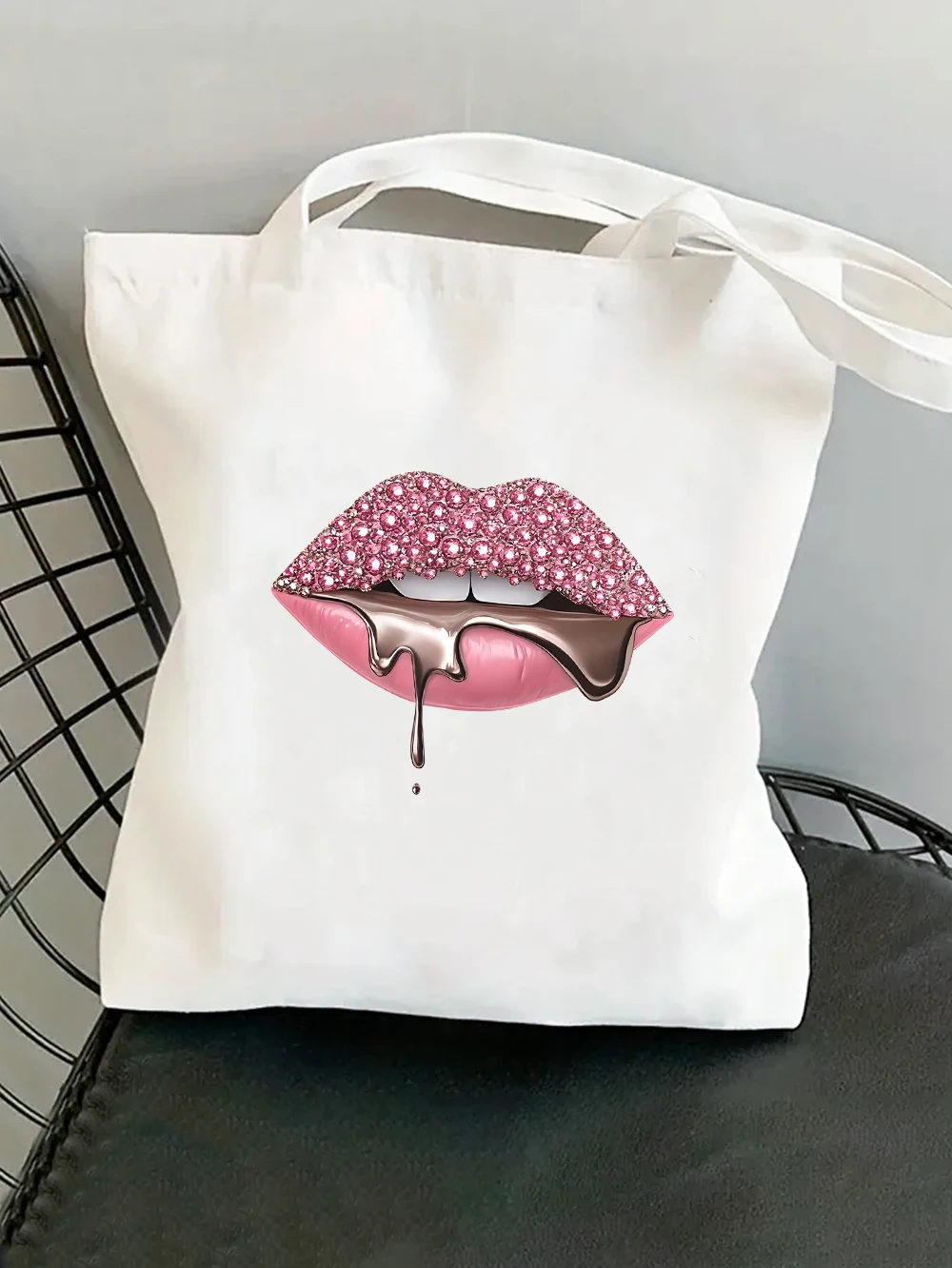 Pink Rhinestone Lips Dripping Chocolate Canvas Tote Bag Sparkle Bling  Print Reusable Shoulder Bag Glam Fashion Shopping Handbag