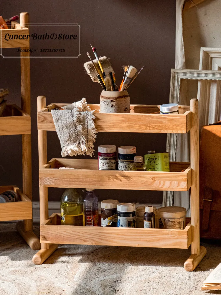 Multiscene Solid Wood Floor Storage Shelf Tea Rack Household Organizer for Kitchen Dining Balcony Bathroom Living Room