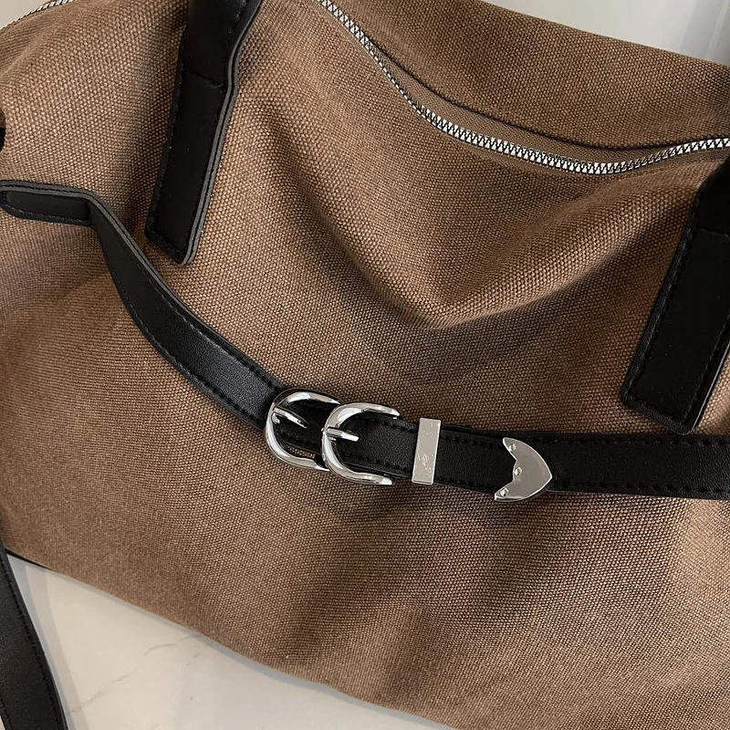 Belt Design Canvas Shoulder Tote Bags For Women All-match Latest Trends Handbags Solid Color Large Capacity Travelling Shoppers
