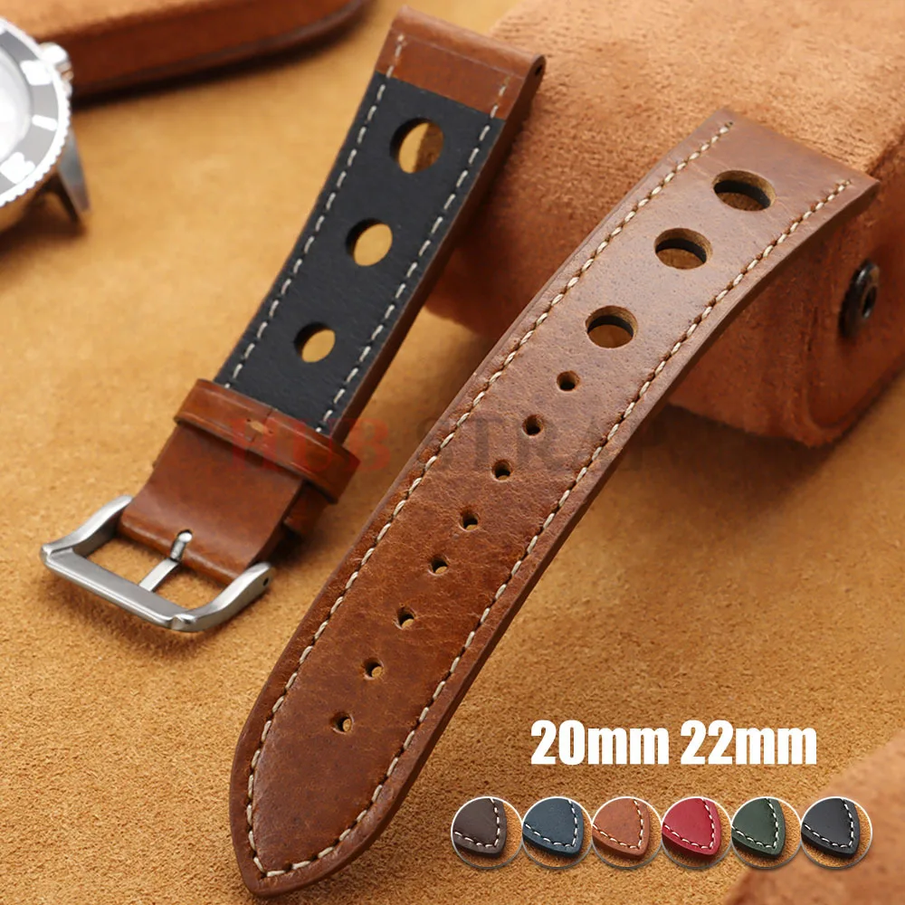 Leather Hand-Stitching Business Universal Watch Band 20mm22mm Breathable Hole Strap Sport Pin Buckle Watchband Watch Accessories