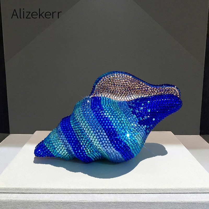 Alizekerr 3D Conch Shape Rhinestone Evening Bag Women 2026 Gorgeous Unique Sparkly Crystal Shell Handbag For Wedding Party Prom