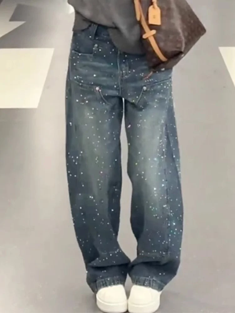 

iny Diamond Embedded Heavy Work Denim Pants Women's Loose Casual Wide Leg Pants All Match Long Pants Spring New Arrival