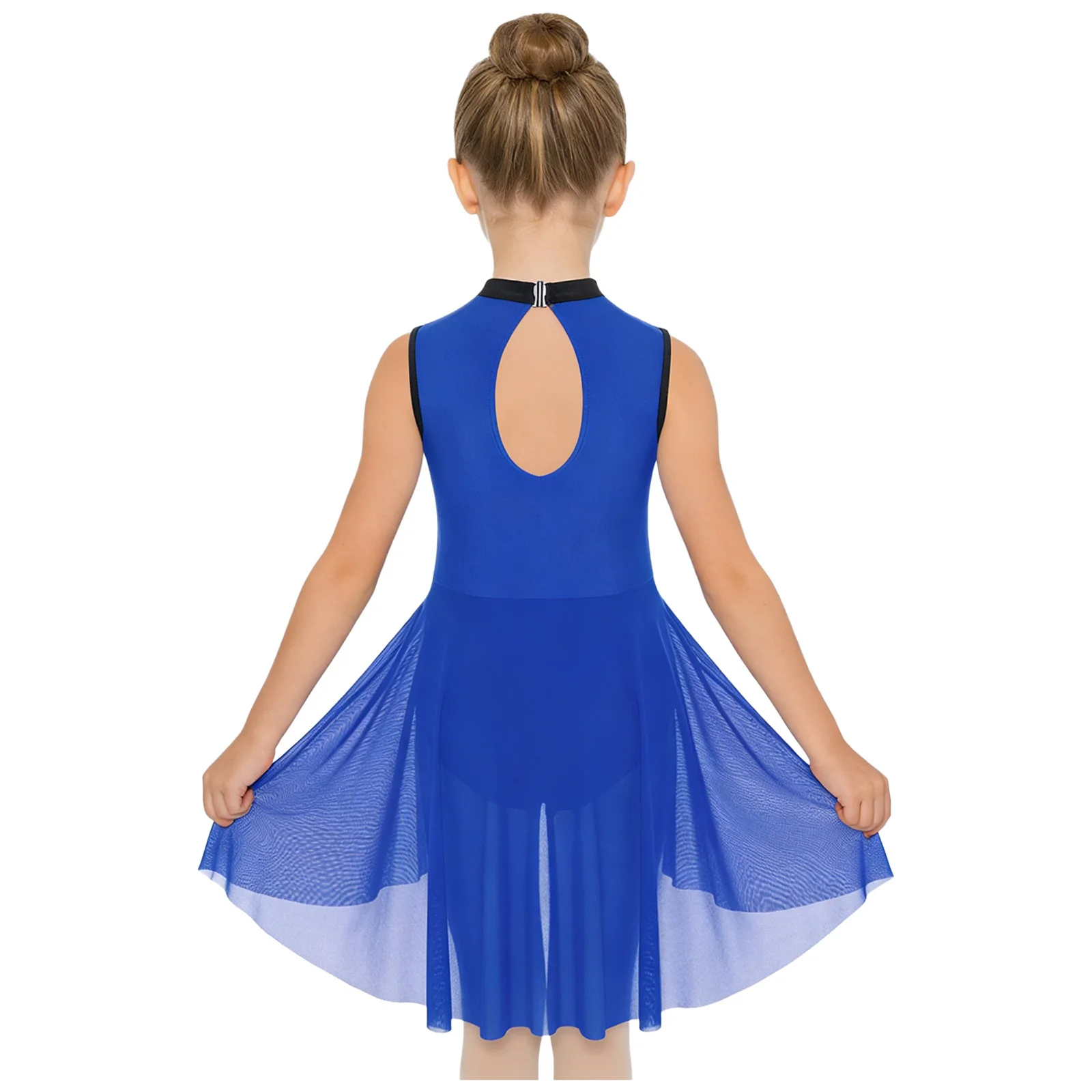 Children Girls Lyrical Dance Dress Figure Skating Gymnastics Acrobatics Costume Sleeveless Mesh Overlay Rhinestones Leotard Tutu