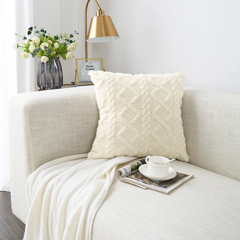 

White Decorative Pillow Case For Sofa Fluffy Soft Solid Color Cushion Cover Home Decor The Plaid Geometric Throw Pillow Cover