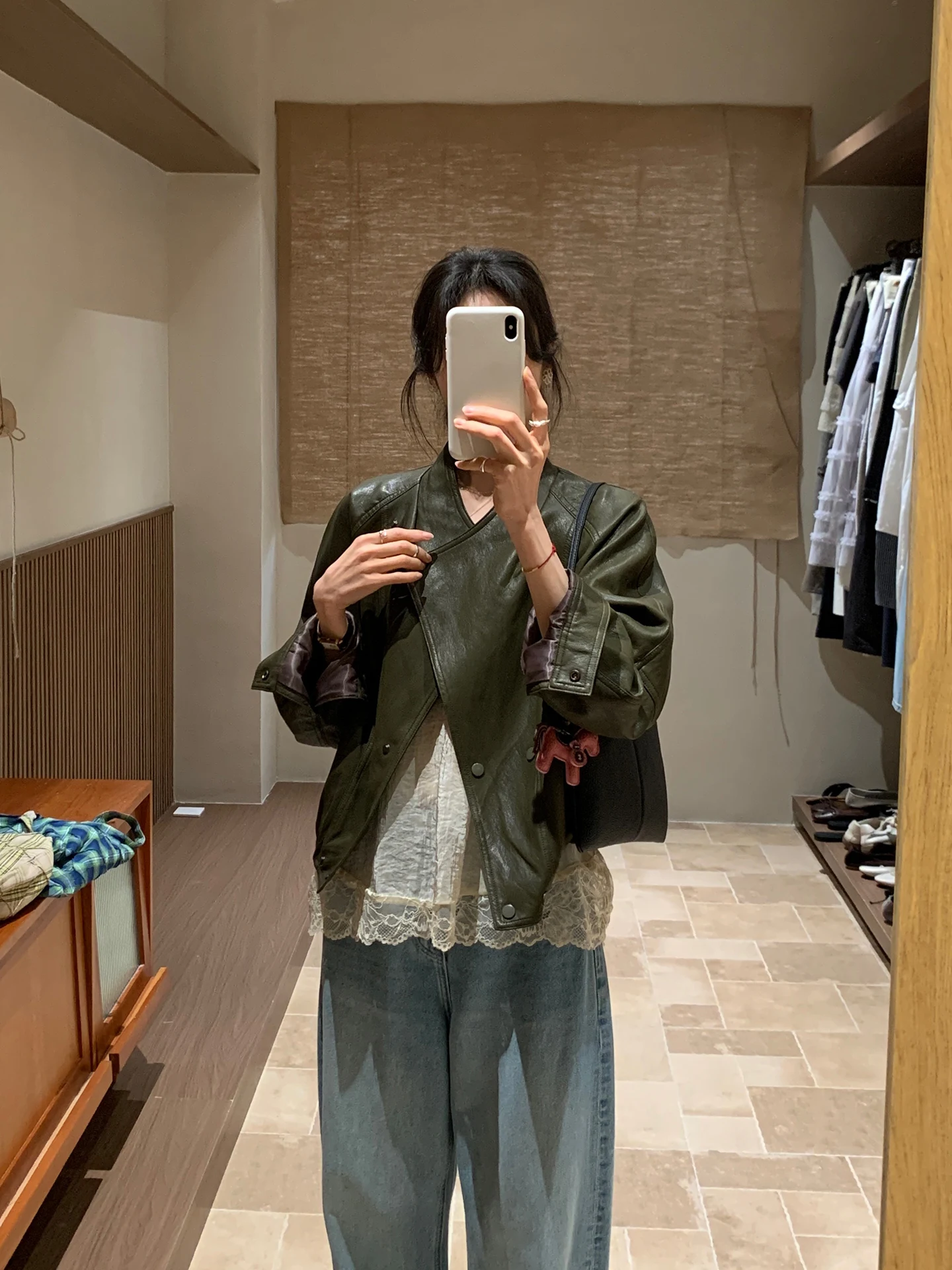 

BRIVIN Retro Forest een Stand Collar ort Leather Jaet Women Early Spring Trend Hong Kong Sle Windbreaker Coat