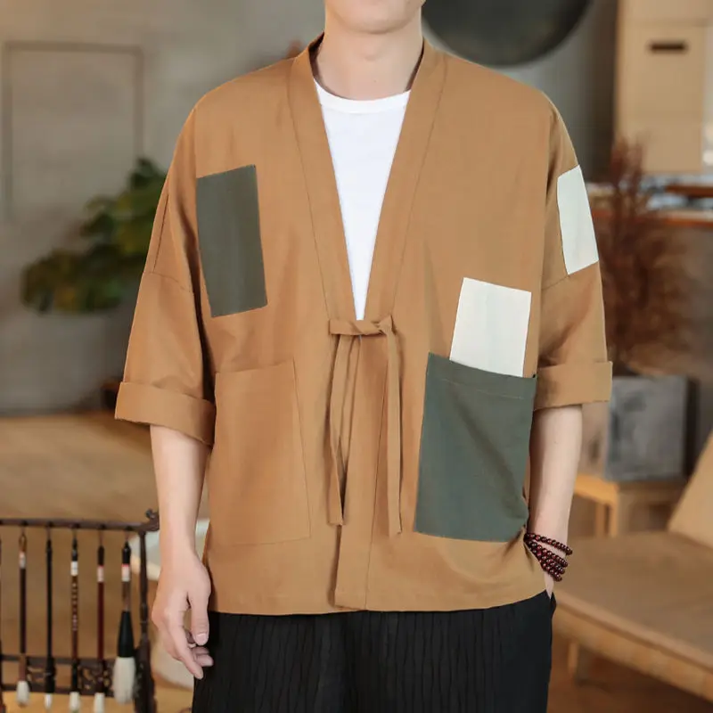 Chinese Style Men's 2024 Summer Patchwork V-Neck Fashion Solid Color Loose-fitting Pocket Casual All Match Half Sleeves Shirts