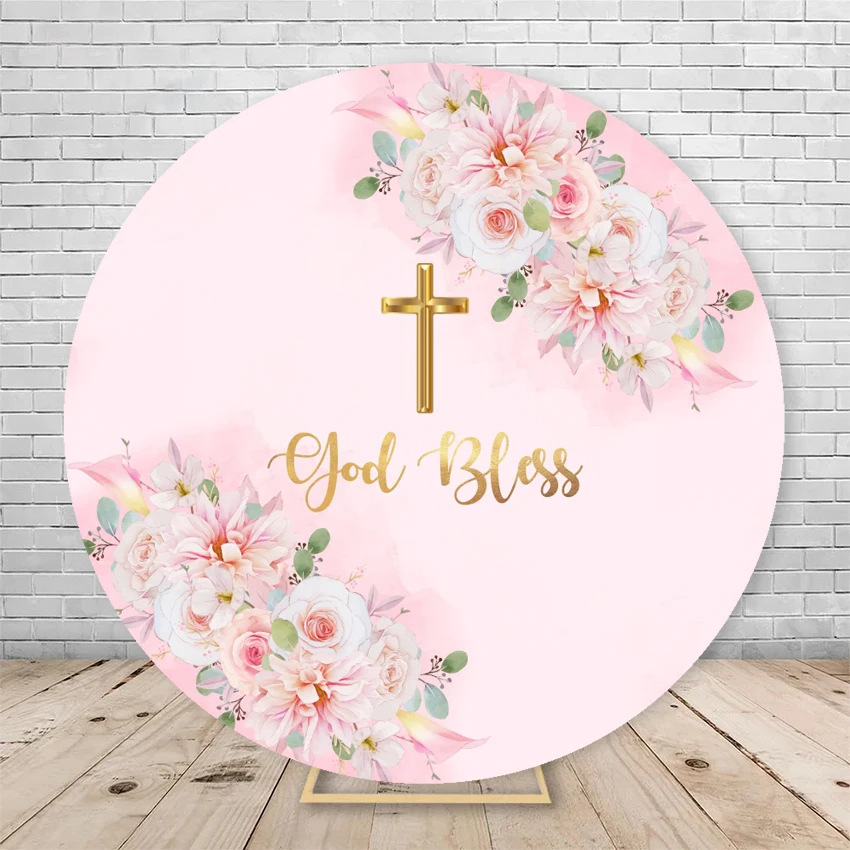 Pink Blue Boys and Girls Baptism Communion Round Background Custom Cover Flower Gold Cross God Blessing Photography Background