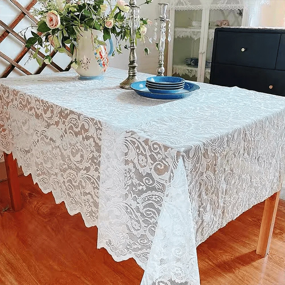 

White Floral Lace Tablecloth with Scalloped Edge for Dining Table Decor